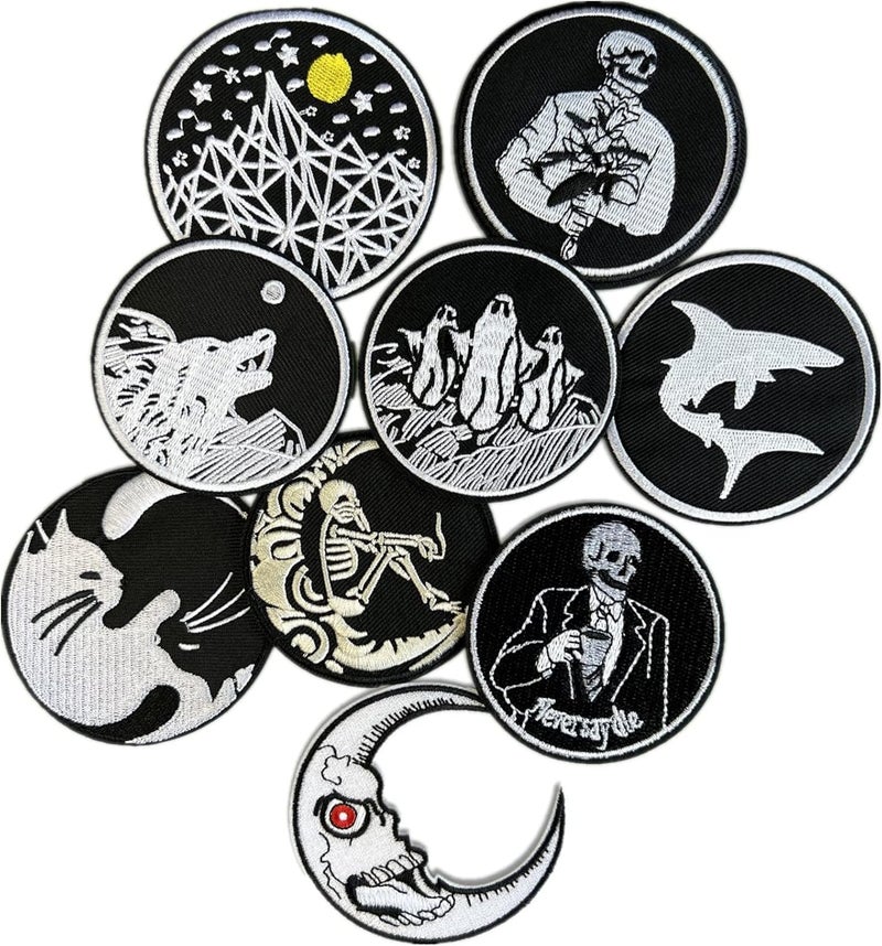 Cazzon Dark Embroidered Applique Iron On Patches for Backpacks, Rock Band Patches for Jackets, Cool Sew Patch for Clothing, Jeans, Hats, DIY Accessories (Dark4 9 Pcs) - Image 1